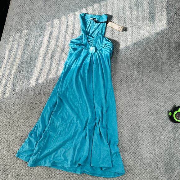 VINTAGE RETRO Y2K TURQUOISE BLUE HIGH NECK STONE JEWEL NECK TROPICAL SUNDRESS S - Picture 1 of 6